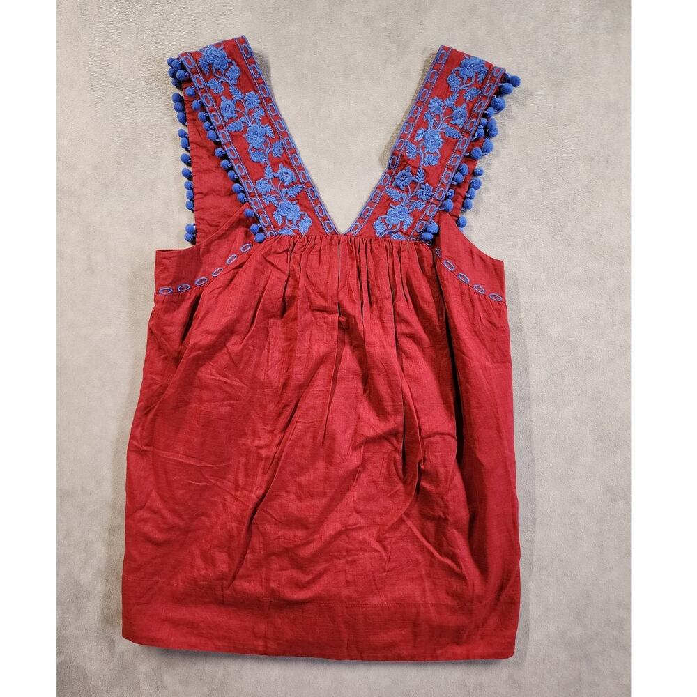 J Crew Tank Top Womens Size 00 Red Blue Embroidered Pom Pom Boho Peasant Hippie